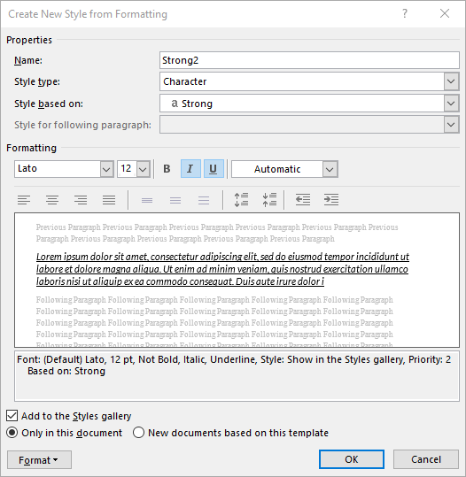 Screenshot of the Create New Style dialog with the new strong style created.