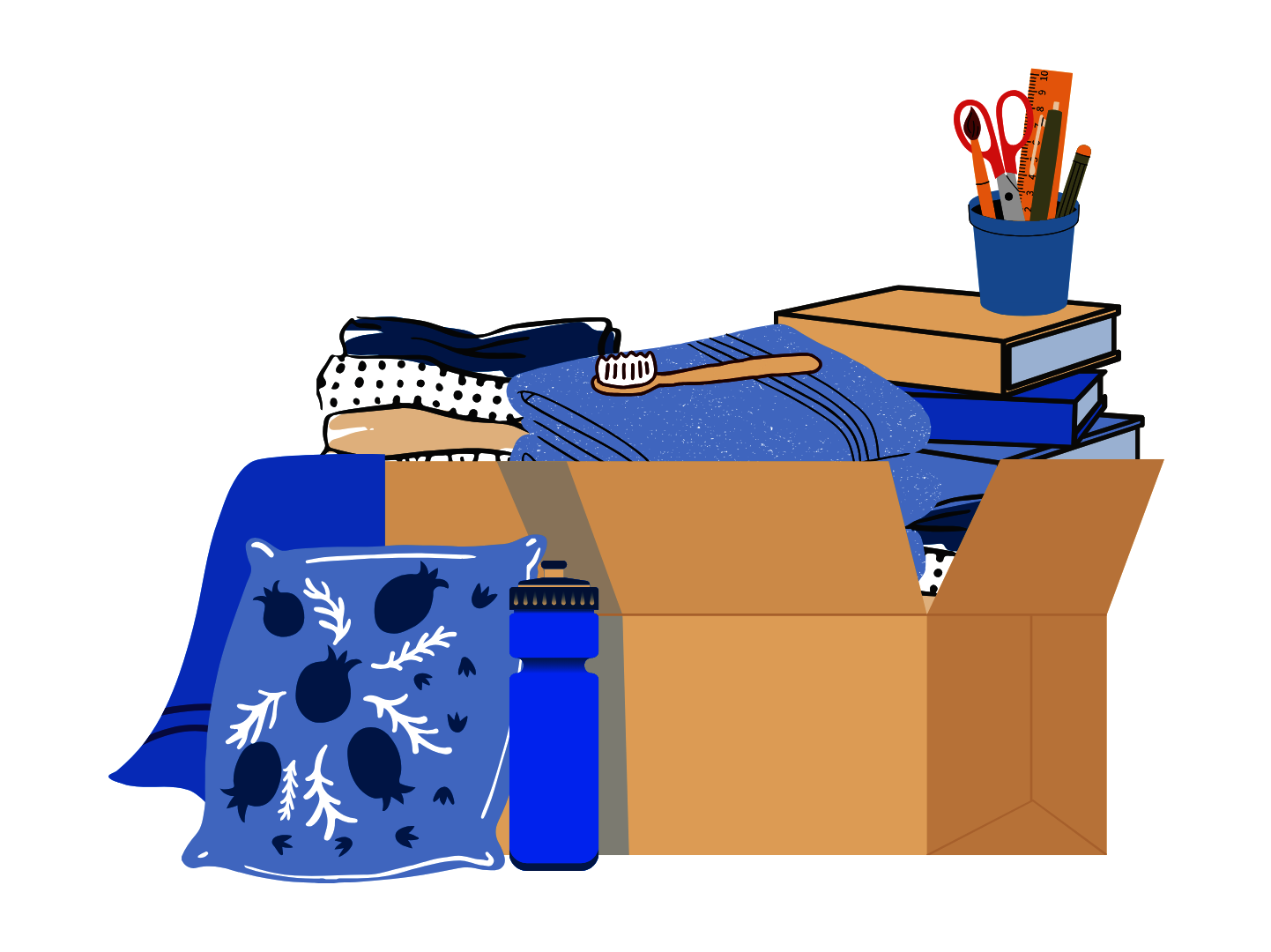 An overflowing box. Featuring a pillow, a water bottle, blankets, pens, pencils, a toothbrush and towels.
