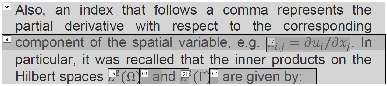 A paragraph with inline text, tagged such that each equation and segment of text sits in its appropriate place in the reading order.