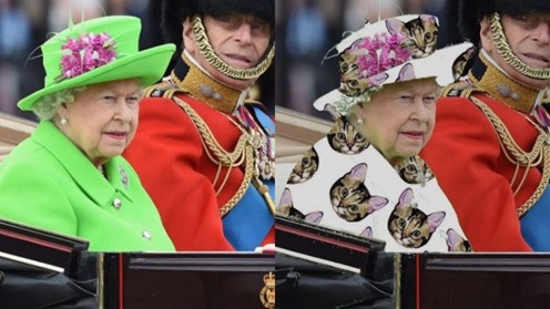 Queen Elizabeth wearing green and with a kitten pattern replacing the green of her clothes