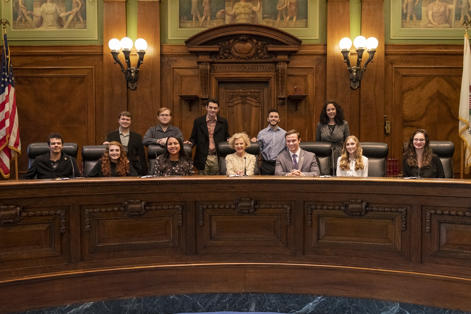 UIS Students pictured with (now retired) Chief Justice Anne Burke during a UIS Pre-Law Centered visit to the Illinois Supreme Court in January 2020.