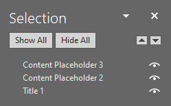 Screenshot of the Selection Pane with reading order Title 1, Content Placeholder 2, Content Placeholder 3.
