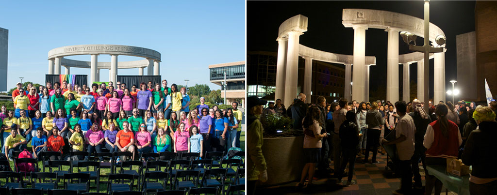 Two photos of students gathering at the colonnade