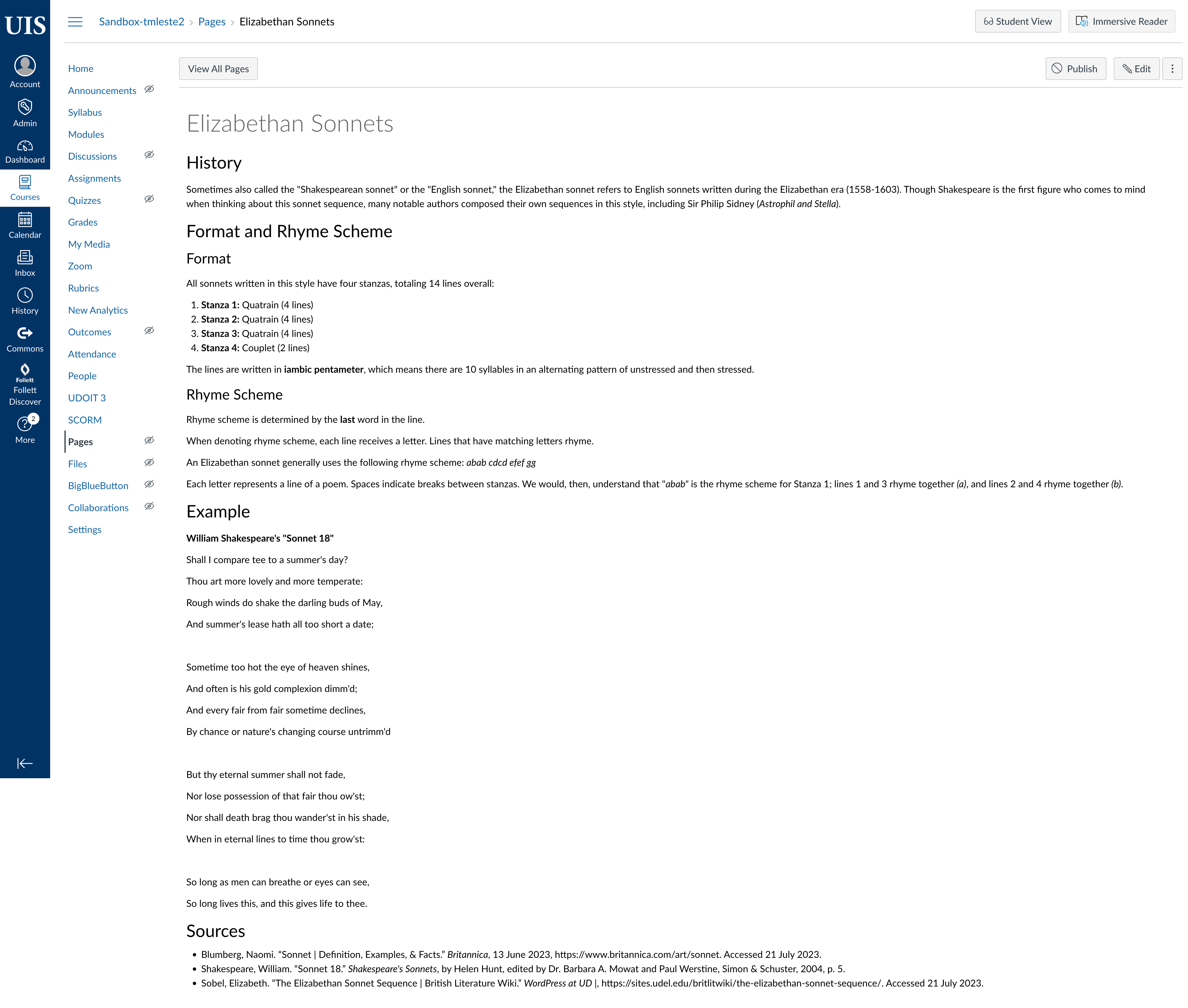 A screenshot of a page in Canvas that doesn't use DesignPLUS