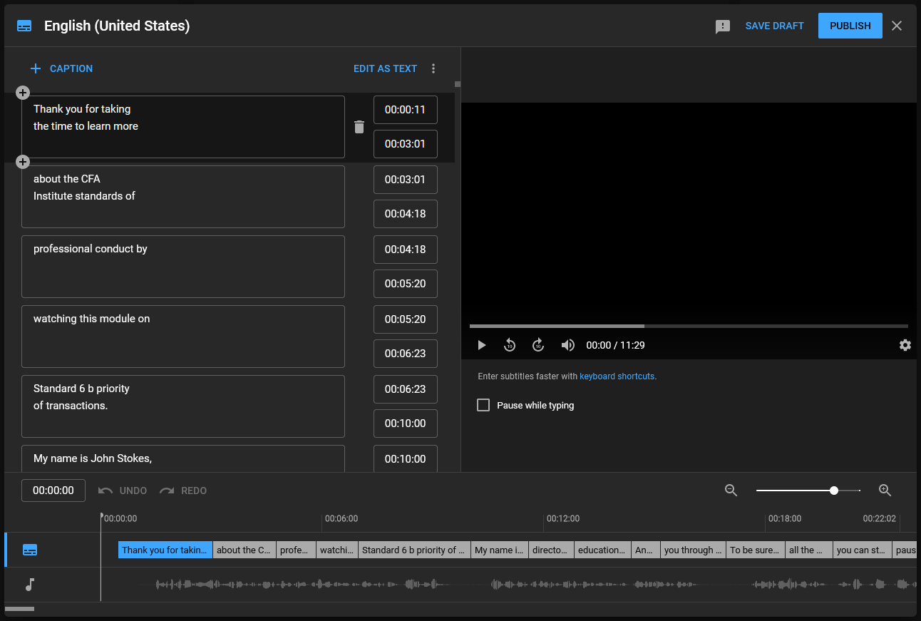 Screenshot of the YouTube Captions editor.