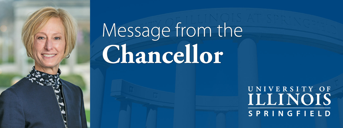Text "Message from the Chancellor" featuring a photo of Chancellor Janet Gooch