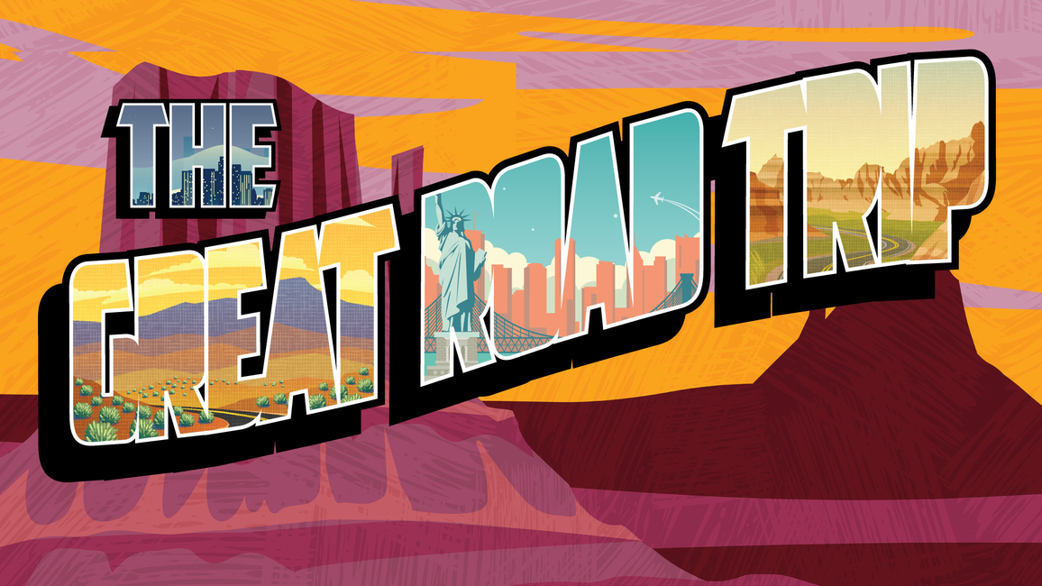 Graphic with text “The Great Road Trip” on a desert background