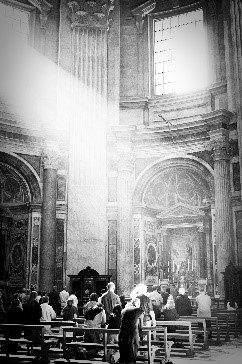a black and white drawing of a light-filled church