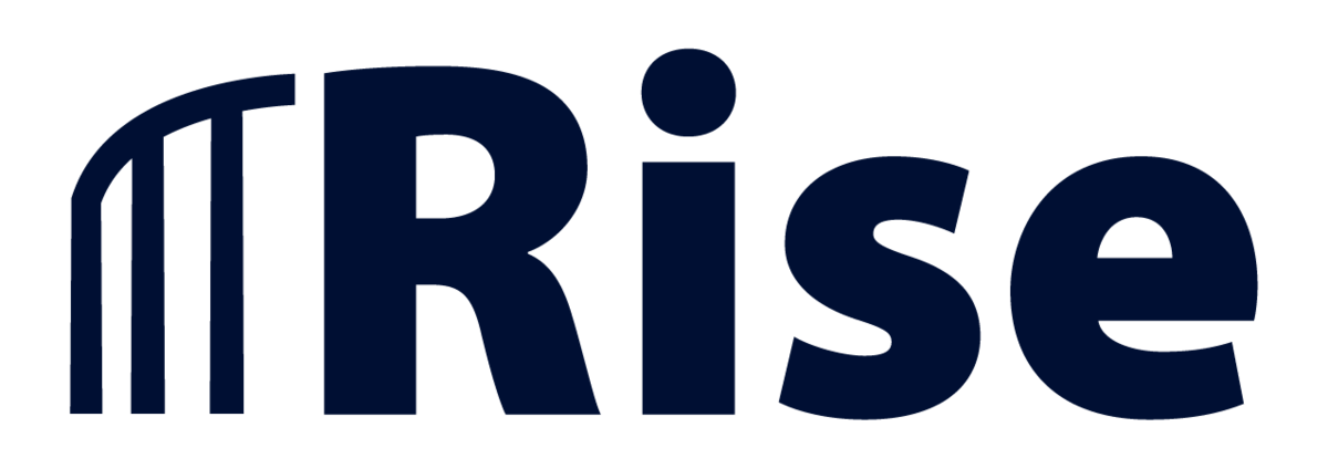 RISE logo in navy blue with colonnade silhouette on left and word RISE on right.