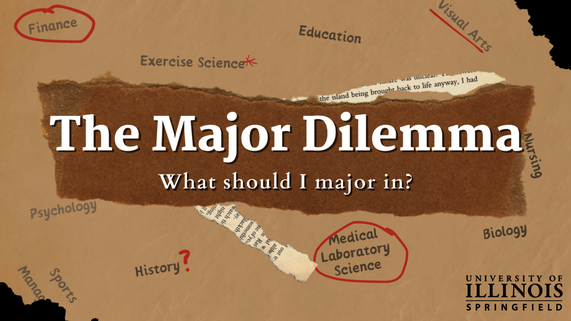 The title reads "The Major Dilemma: What should I major in?". Surrounding the title is different major options. Some of the options are starred, circled, or have a question mark next to them.