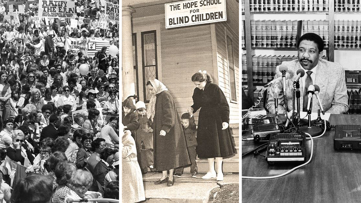 Three photos: (1) a group of women attending a Equal Rights Amendment (ERA) event, (2) teachers and children in front of the Hope School for Blind Children, (3) a man speaks in front of several microphones