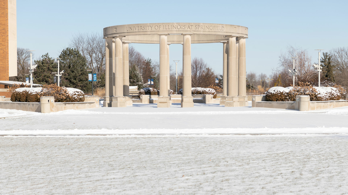 the colonnade in the background with a light snowfall in the foreground