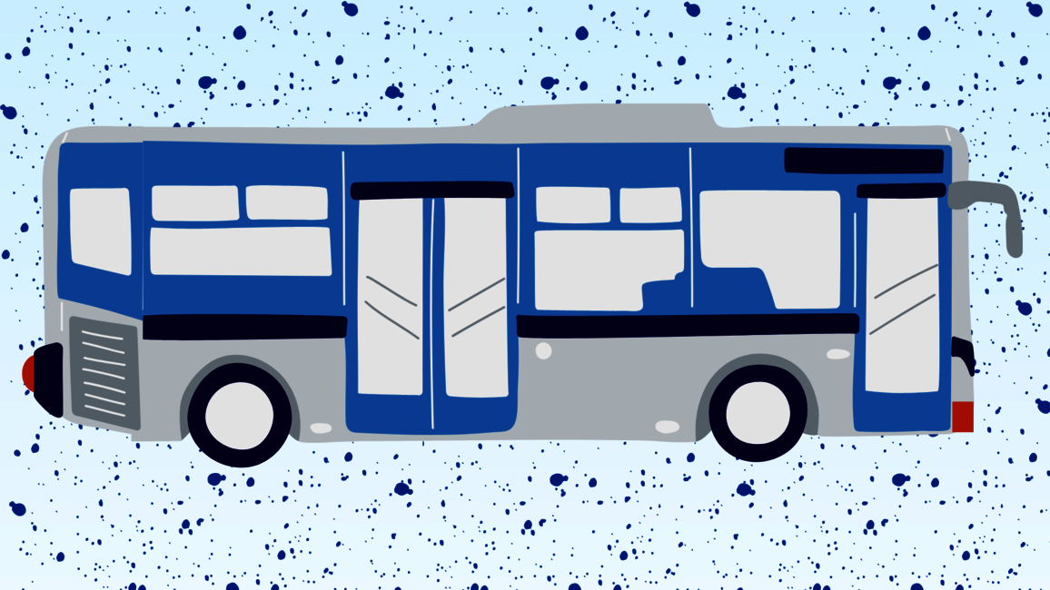 A blue and gray stylized bus is depicted on a light blue, speckled background.