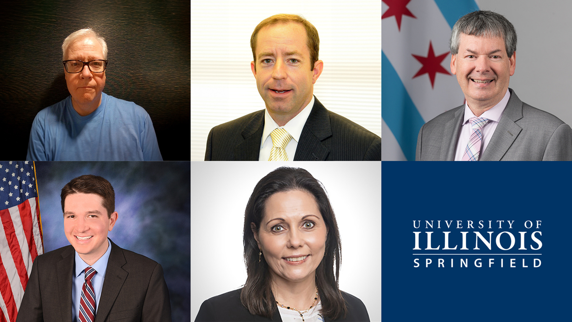 A collage featuring four men and one woman, all dressed in professional attire, set against varied backdrops. The University of Illinois Springfield logo is included.