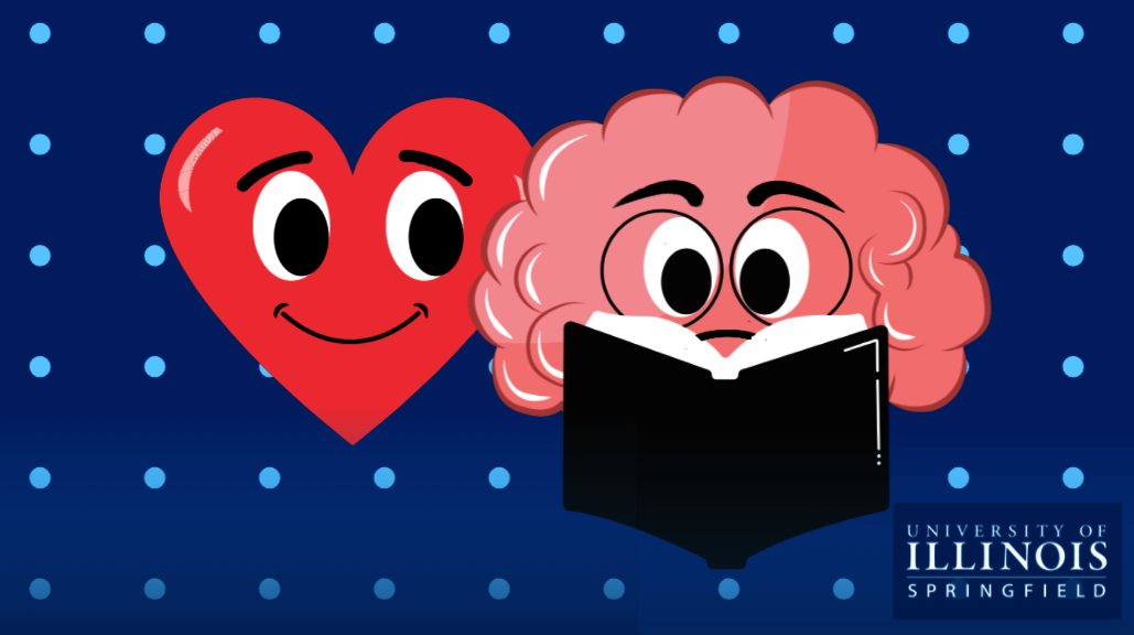 Heart and brain graphic with happy faces reading a book.