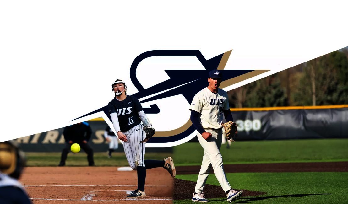 First pitch graphic featuring secondary UIS Athletics logo along with photos of Alexis Carroll and Adam Lindsey