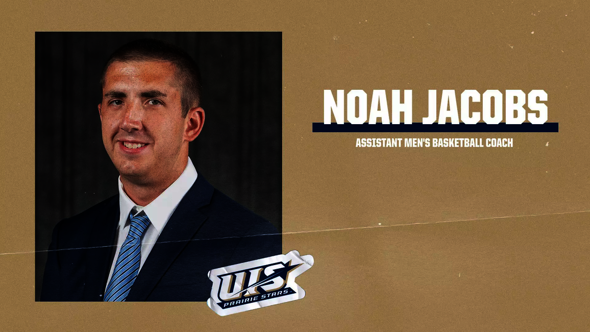 Noah Jacobs, Assistant men's basketball Coach. UIS Athletics logo. Gold background with blue accents