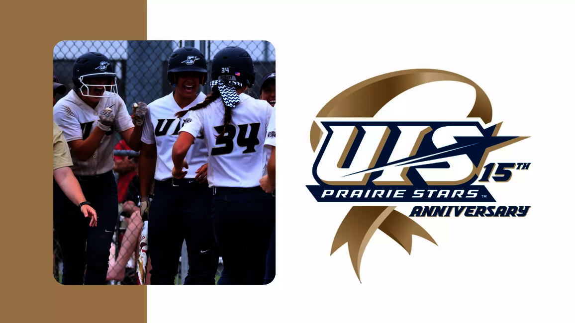UIS softball celebration photo and 15 year anniversary of NCAA DII membership logo
