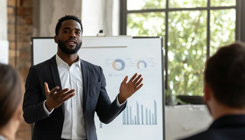 a man giving a presentation to a group of business people