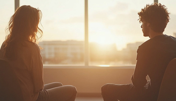 two people sitting in chairs looking out a gigantic window thoughtfully
