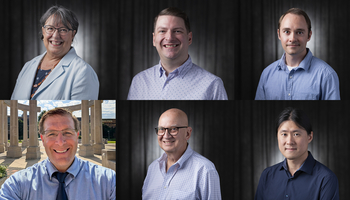 Six people smiling; five indoors, one outdoors in daylight.