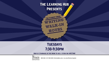 flyer for writing walk in hours from The Learning Hub, features a blue sunburst design with a gold scalloped edge circle in the center, and text outlining place, time, location, and other details (written out in the event)