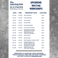 The Learning Hub's writing workshop flyer listing the dates and times of each workshop in the spring semester. Schedule is listed on our website here: https://www.uis.edu/learning-hub/workshops-walk-ins