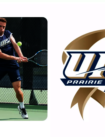A photo of Sam Clarke playing tennis, 15 Years of NCAA DII Anniversary Series logo