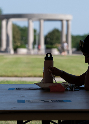 Student studies on quad