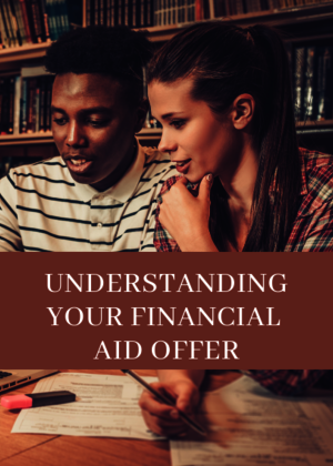Two students sit in front of laptop in computer. Overlay test says Understanding Your Financial Aid Offer.