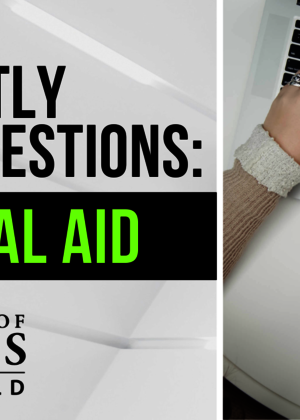 hands typing on a computer from overhead view with words Frequently Asked Questions, Financial Aid