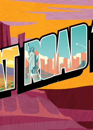Graphic with text “The Great Road Trip” on a desert background