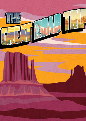 Graphic with text “The Great Road Trip” on a desert background