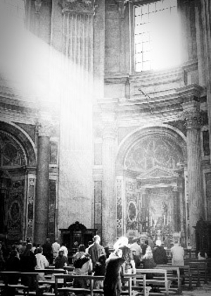 a black and white drawing of a light-filled church