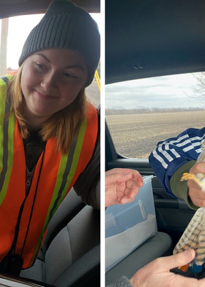 Students holding American kestrels