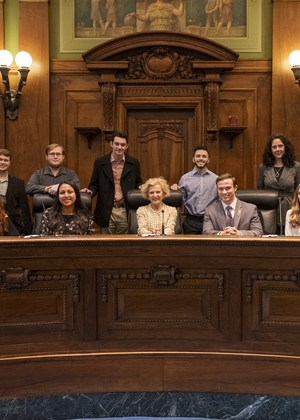 UIS Students pictured with (now retired) Chief Justice Anne Burke during a UIS Pre-Law Centered visit to the Illinois Supreme Court in January 2020.