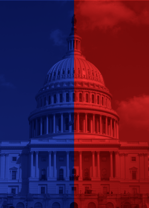 B&W Photo of US Capitol, left half covered in blue overlay, right half covered in red overlay