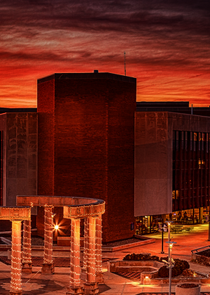 Image of the UIS Public Public Affairs Center and the Colonnade from atop the Health Sciences Building.