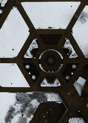 aerial view of UIS quad covered in snow