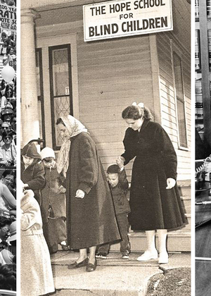 Three photos: (1) a group of women attending a Equal Rights Amendment (ERA) event, (2) teachers and children in front of the Hope School for Blind Children, (3) a man speaks in front of several microphones