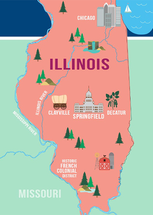 A graphic showing a pink map of Illinois with Clayville, Springfield, Decatur, Chicago and the Historic French Colonial District listed.