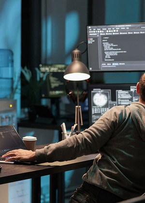 Worker with multiple computer screens depicting the future of work