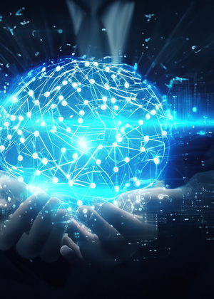 A digital illustration showing a person holding blue data streams. The image contains the words "University of Illinois Springfield."