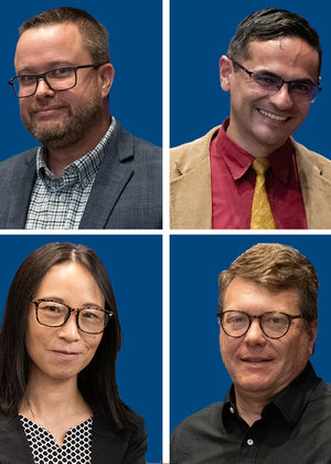 A graphic featuring the images of seven faculty who won awards.