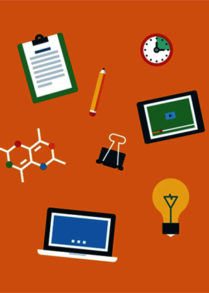 orange graphic with laptop, notebook, pencils, lightbulb