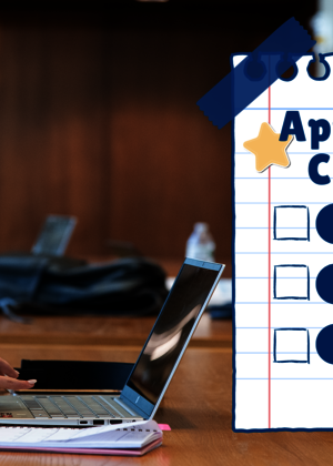 A girl is sitting at a desk in the library looking at a laptop. A graphic of a sheet of notebook paper with a checklist that reads: "Application Checklist".