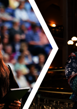 Two images, one of a student graduating and a student working.