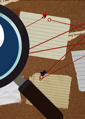 A graphic of a magnifying glass is a question mark inside. The background is a corkboard with red lines and notes.