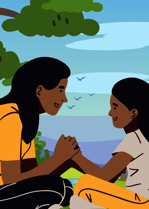 A mother and daughter sitting under a tree.