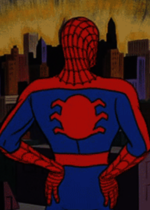 A cartoon of Spiderman looking out onto the city.